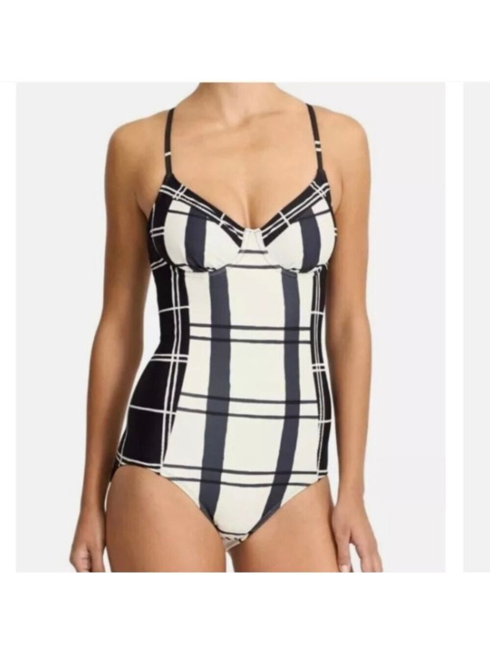 Athleta Lanikai Cream & Black plaid One Piece Underwire Swim 34 B/C Tall